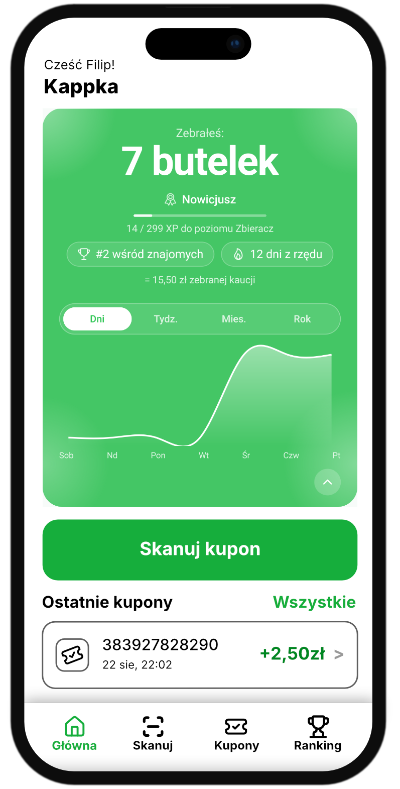 Kappka app home screen — bottles collected, level and recent coupons